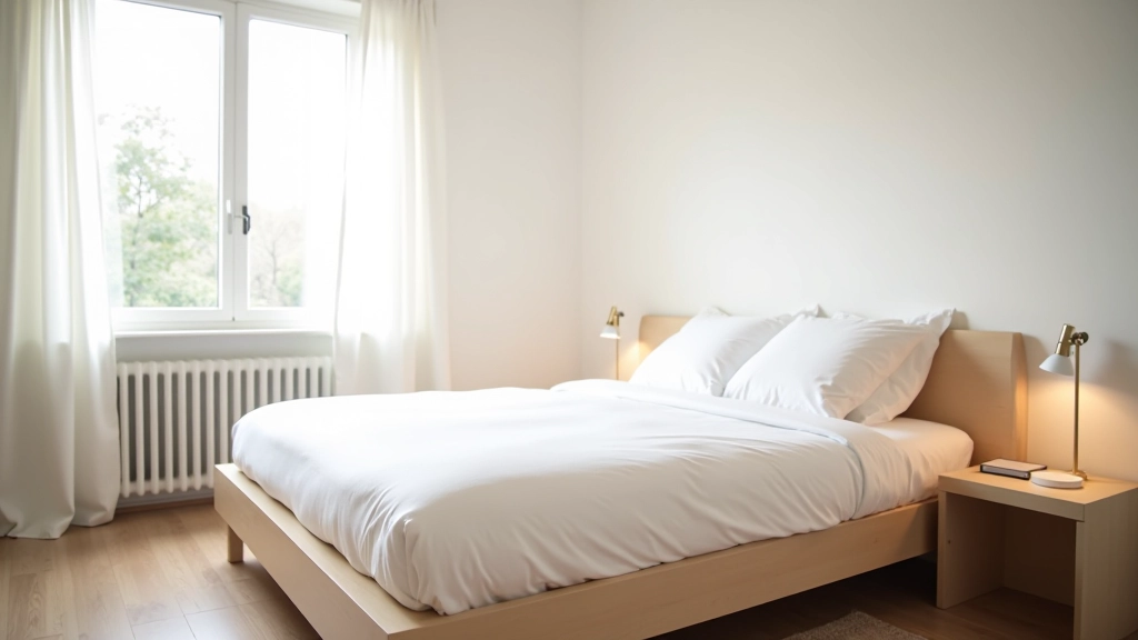 Moderne indrettet værelse med seng, sengetøj og minimalistisk dekoration, klar til Airbnb-leje
