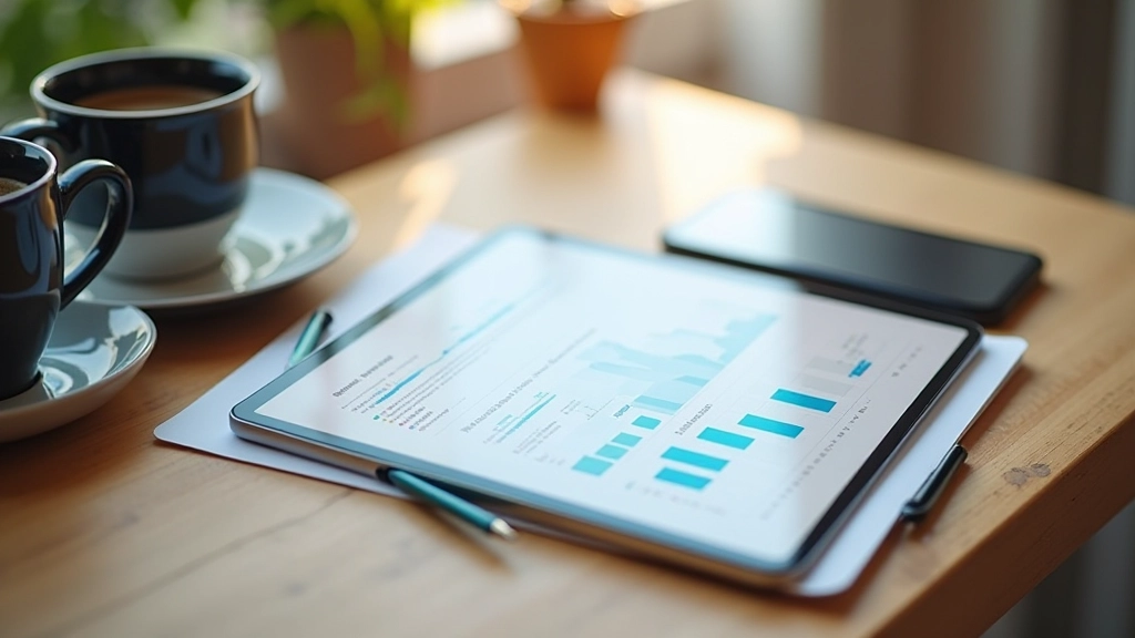 Smartphone og tablet på wooden desk viser affiliate marketing dashboard med kliks og konverseringer