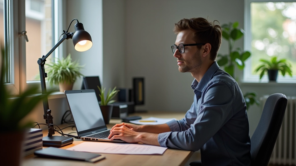Person arbejder på laptop i et moderne hjemmekontoropsætning med noter og videokamera til kursusproduktion