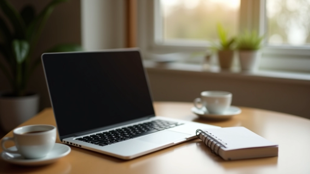 Laptop på træbord med kaffekopp og notesbog i minimalistisk kontor