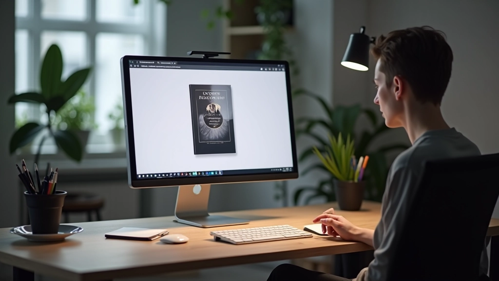 Computerskærm viser et e-bog cover design med minimalistisk layout og klare farver