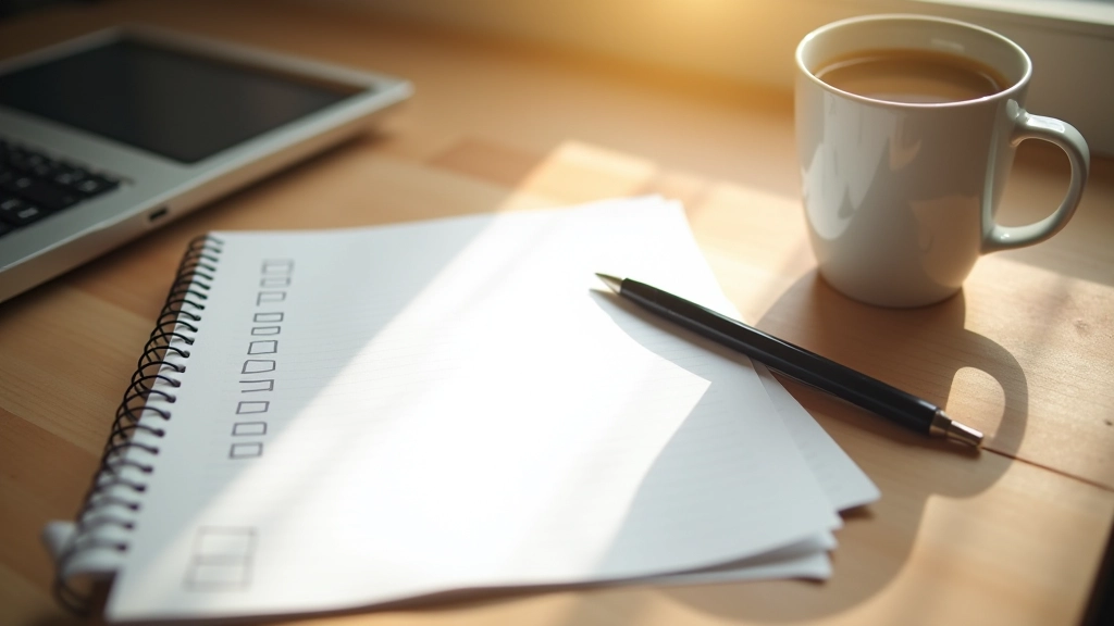 Notesblok med checkmarks og til-gør-liste på skrivebord, blyant og kaffe, morgenlys