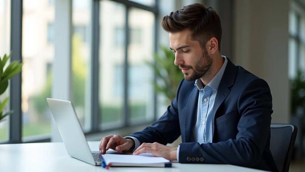 Person ved computer arbejder på online kursusindhold med notater og design mockups på skrivebordet