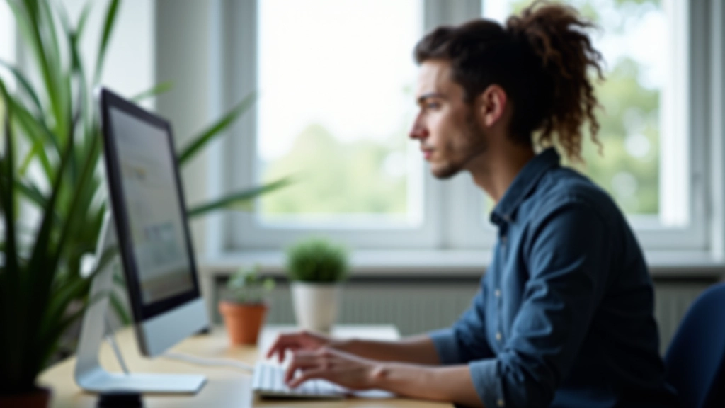 Person ved computer skriver på tastatur i lyst kontor
