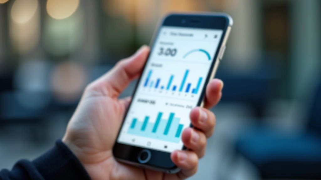 Hånd holder smartphone med grafer og statistikker på skærmen