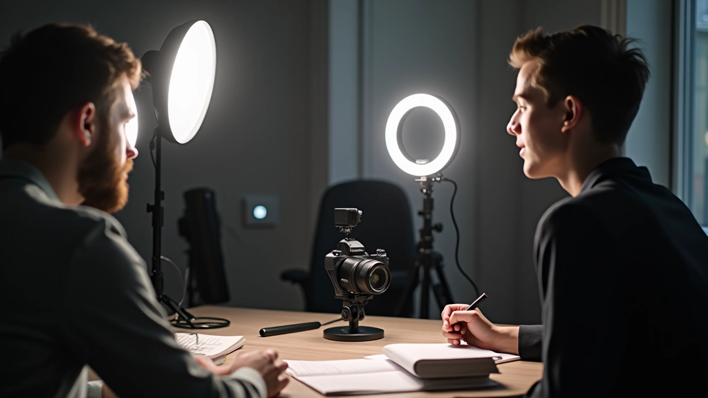 Videoproduktionsstudio med kamera, ringlys og mikrofon på kompakt setup